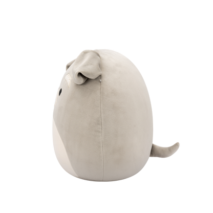 Side view of soft grey plush animal toy with black eyes, white eyebrows, and a white beard on a black background