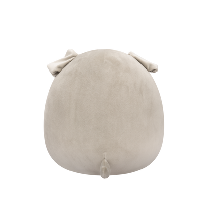 Back view of soft grey plush animal toy with black eyes, white eyebrows, and a white beard on a black background
