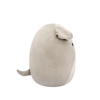 Side view of soft grey plush animal toy with black eyes, white eyebrows, and a white beard on a black background