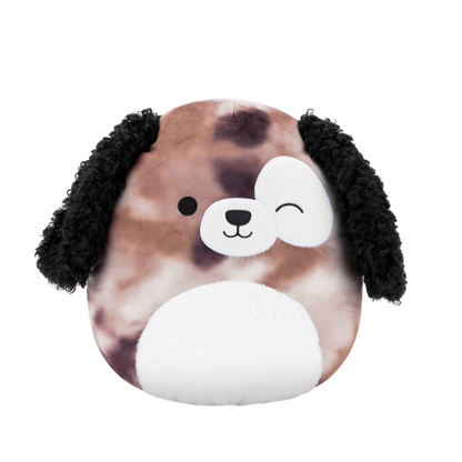 Round plush dog toy with speckled brown body, curly black ears, white belly, and a winking, smiling face