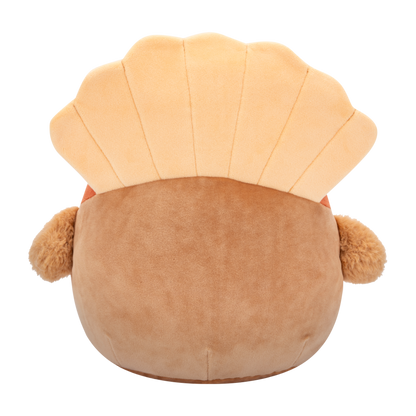 Back veiw of soft brown turkey plush toy with red, orange, yellow tail feathers, black eyes, yellow beak, and an autumn-patterned belly