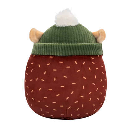 Back view of Squishmallow hedgehog plush toy with a brown body, tan face, and light brown dash patterns, wearing a green ribbed beanie with a white pom-pom