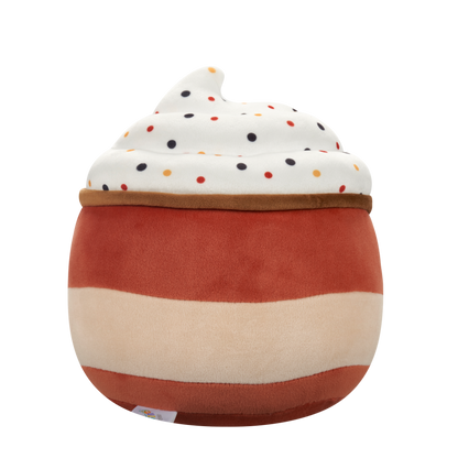 Back view of apple pie plush toy with whipped cream, colorful sprinkles, a smiling face, an apple slice, and an embroidered apple on its striped body