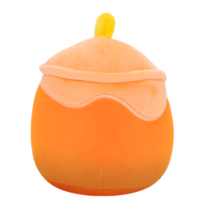 Back view of orange pumpkin-themed plush toy designed as a drink, with light orange whipped cream, yellow straw, cute black eyes, smile, and a pumpkin label on its belly