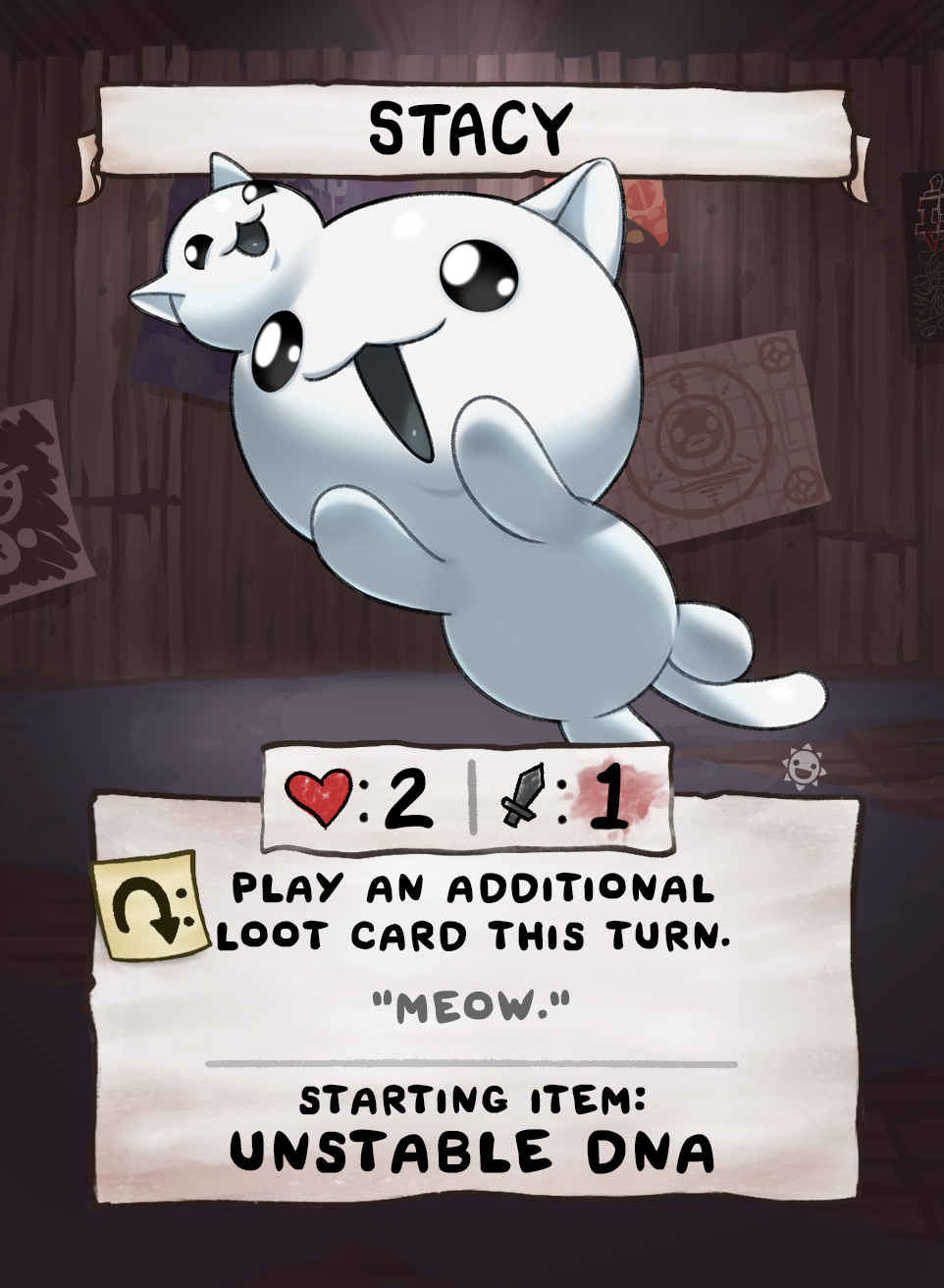 A character card from The Binding of Isaac for Stacy a happy two-headed white cat creature floating