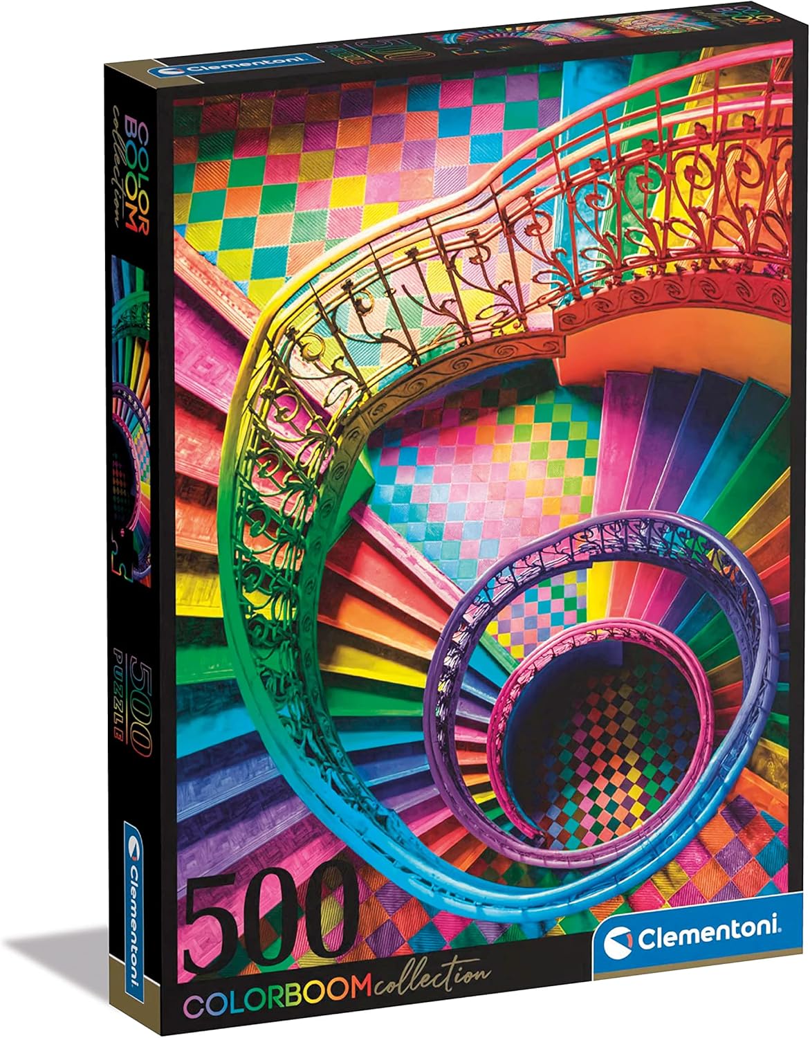 Clementoni 500-piece puzzle box displays a vibrant rainbow spiral staircase with ornate railings.