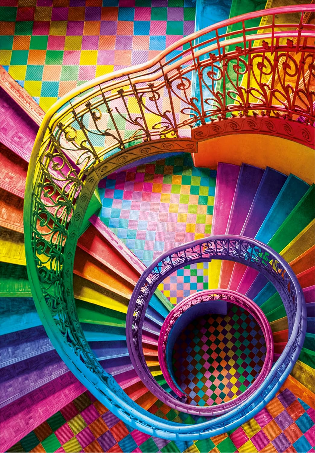 A vibrant, rainbow-colored spiral staircase with ornate railings descends over a colorful checkered floor.