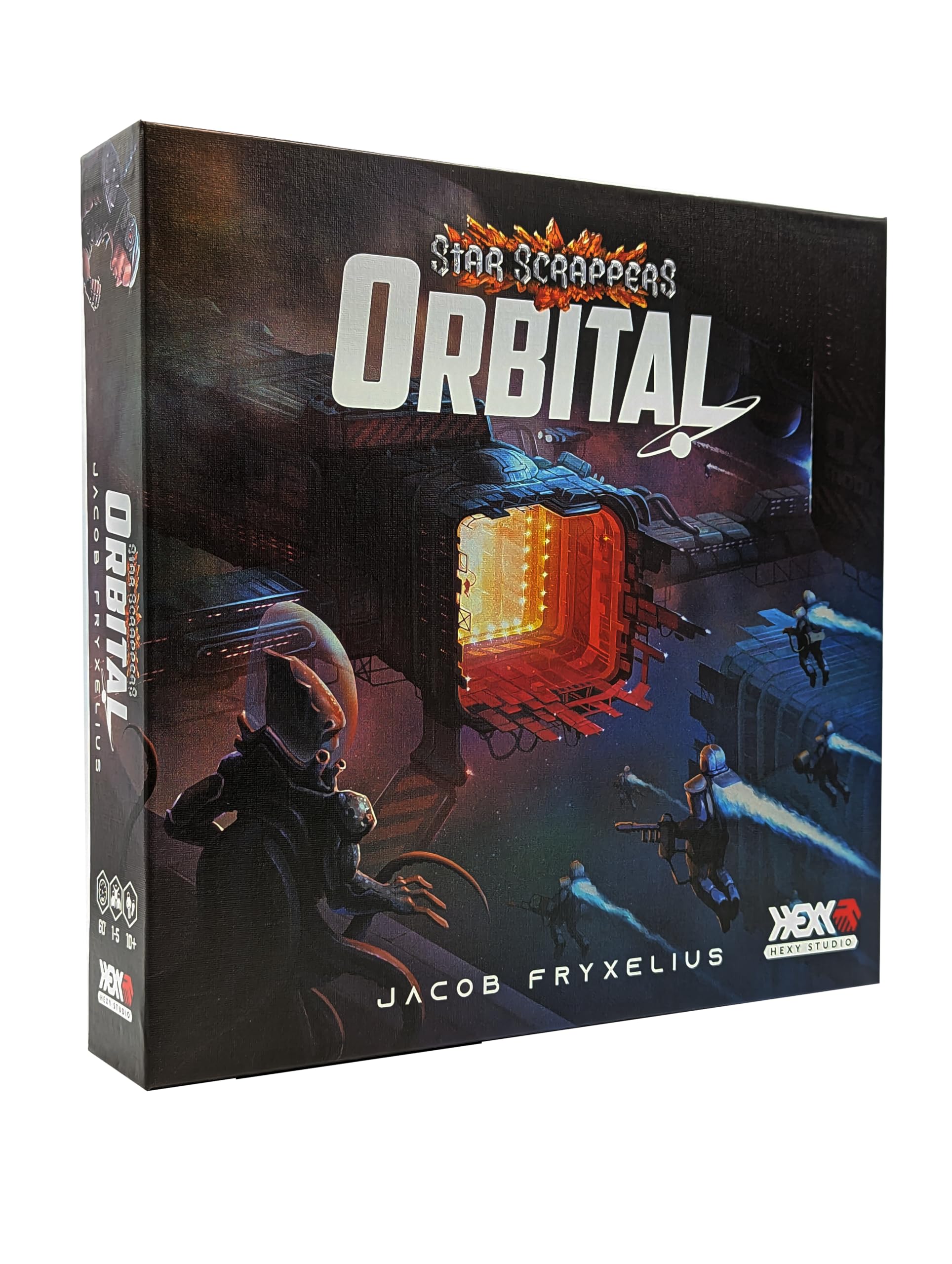 Board game box for 'Star Scrappers Orbital' shows a glowing space station, flying space-suited figures, and an alien