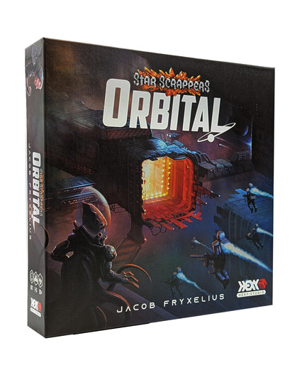 Board game box for 'Star Scrappers Orbital' shows a glowing space station, flying space-suited figures, and an alien