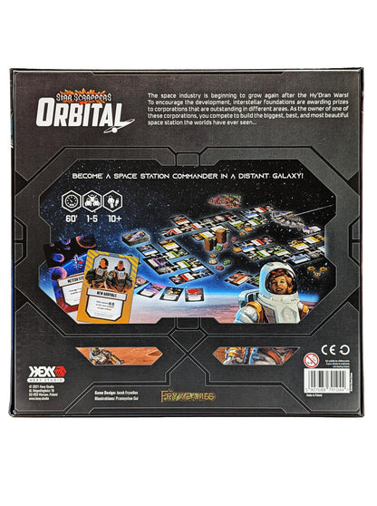 Back of Star Scrappers Orbital game box. Features cards, tokens, and an astronaut against a starry background, depicting space station building
