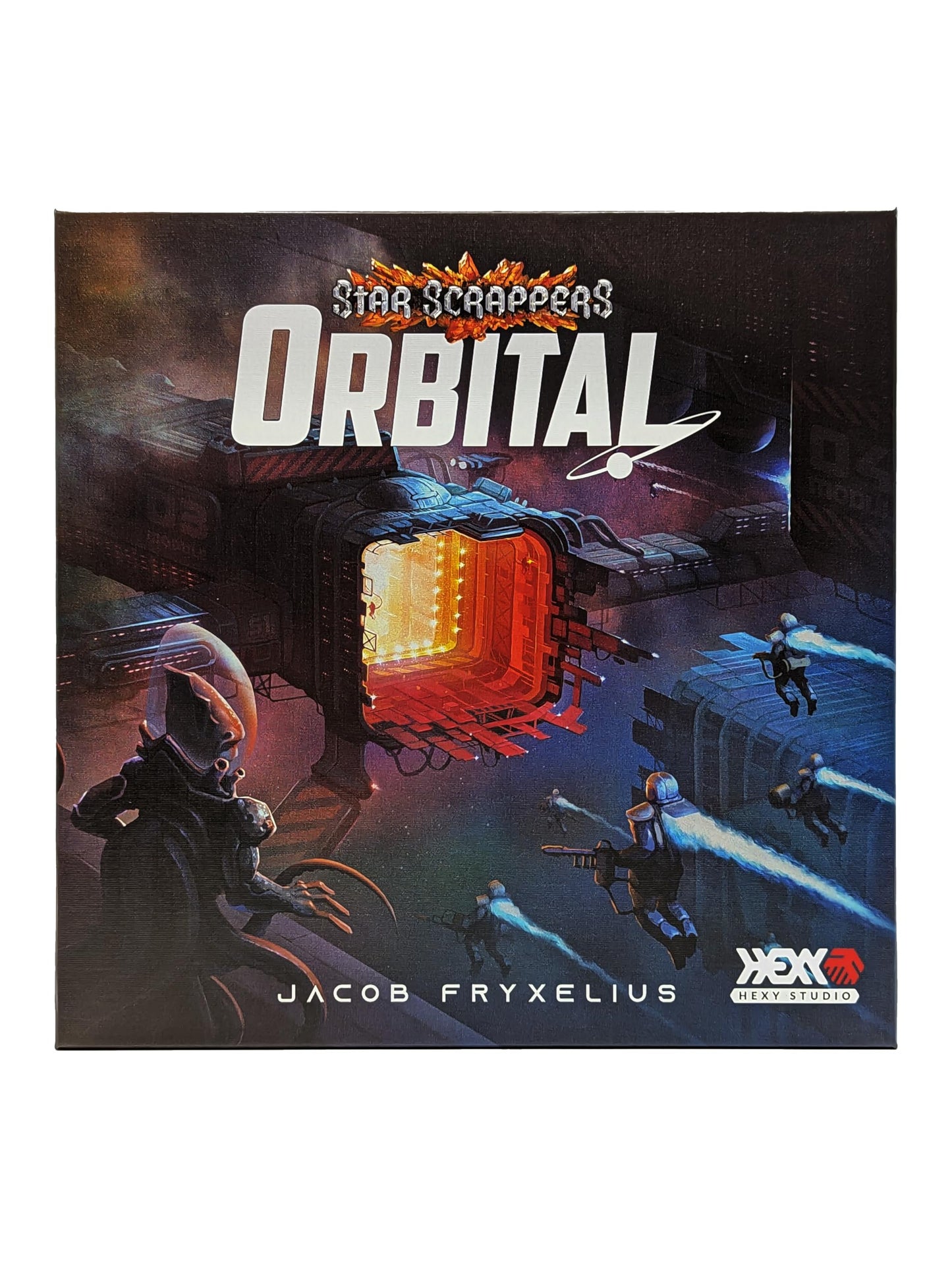 Star Scrappers Orbital game cover: A glowing space station, jetpack-flying figures, and an alien