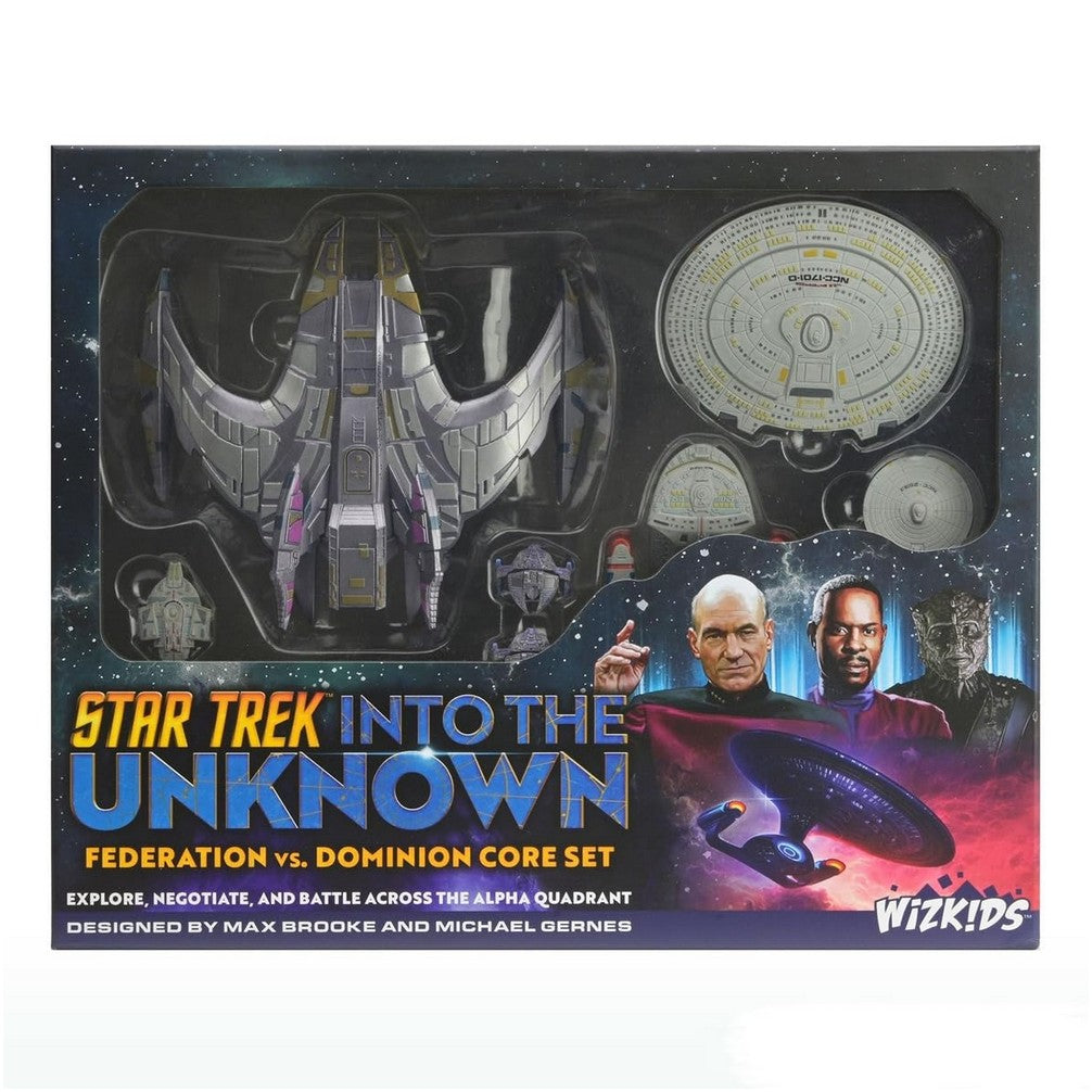 Box for Star Trek: Into the Unknown â€“ Federation vs. Dominion Core Set, showing ship miniatures &amp; character art