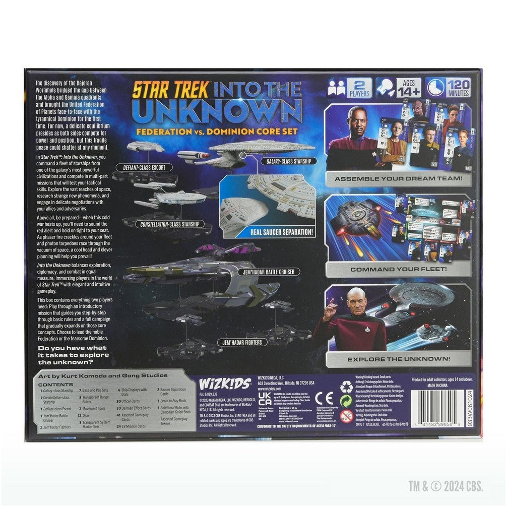 Back of Star Trek Into The Unknown board game box, displaying starships, characters, and game details