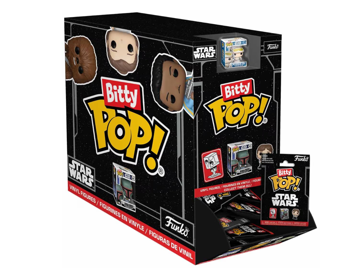 Black Funko Bitty Pop! Star Wars retail display box, features Chewbacca, Luke Skywalker, and Boba Fett mini vinyl figures