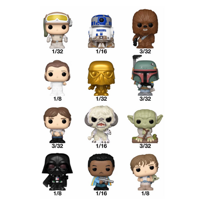 Collection of 12 Star Wars Funko Pop figures: Luke Skywalker (pilot & Dagobah), R2-D2, Chewbacca, Leia, C-3PO (gold), Boba Fett, Han Solo, Wampa, Yoda, Darth Vader, Lando, and Grogu