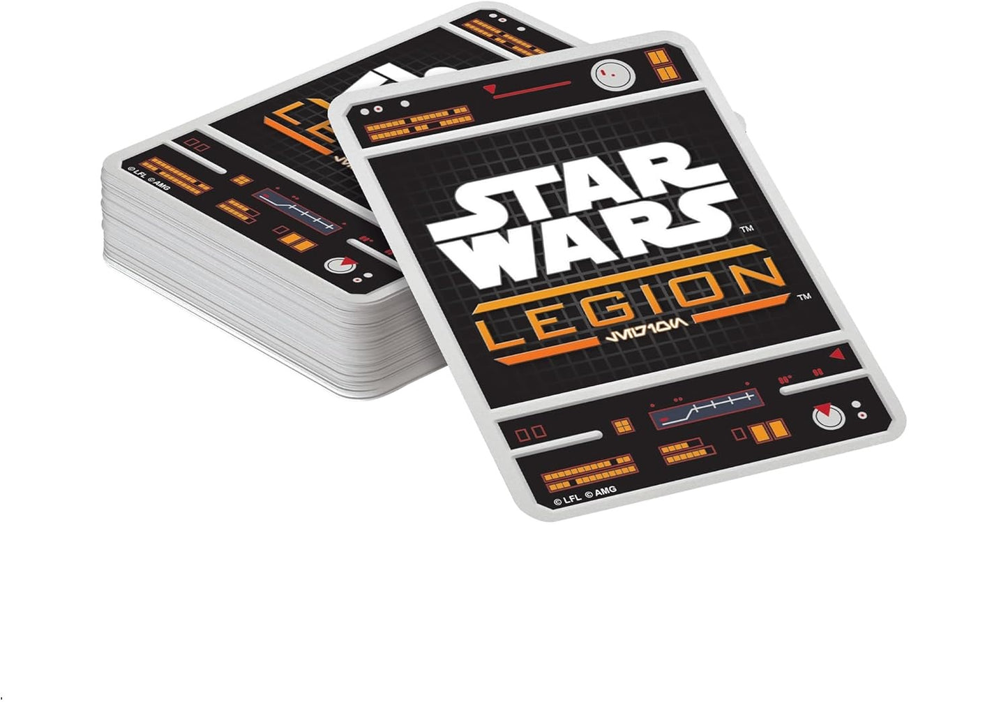 Stack of Star Wars: Legion - Galactic Empire Command game cards. The top card displays the black, white, and orange game logo
