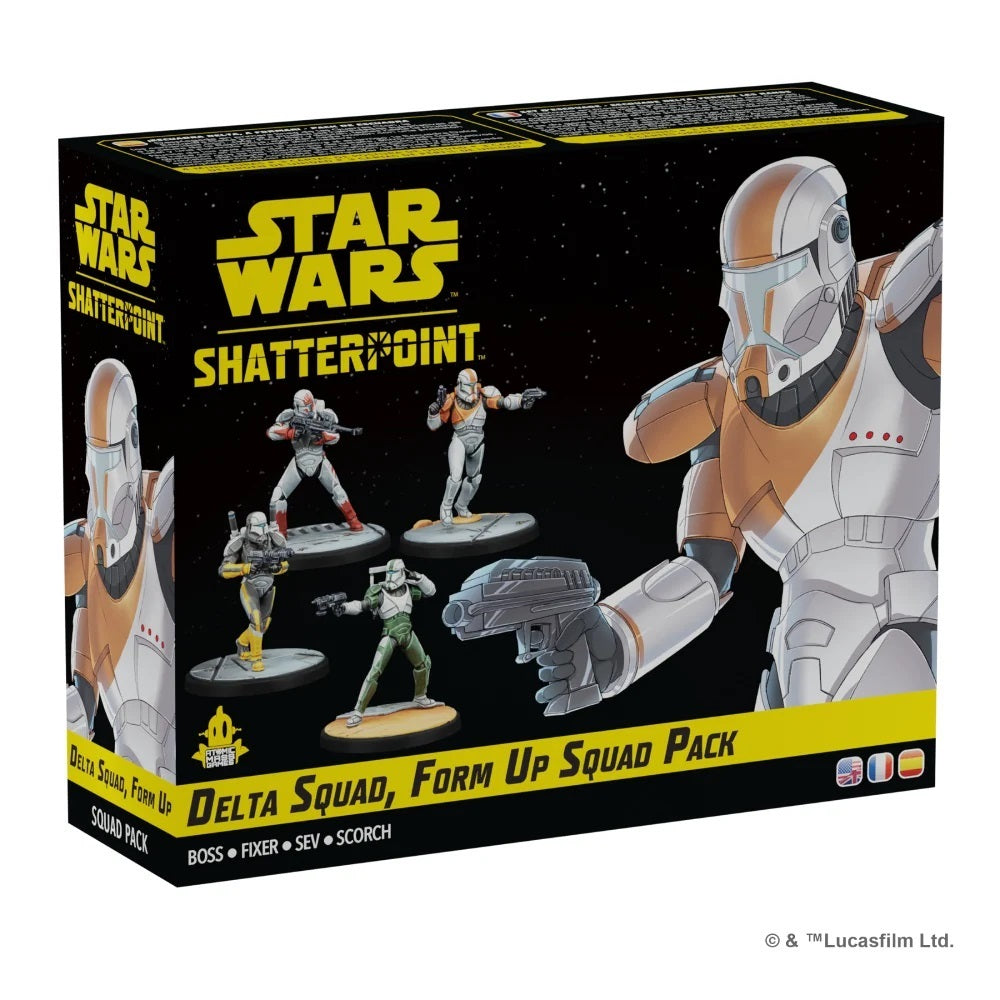 Star Wars Shatterpoint Delta Squad Form Up Squad Pack box, showing four detailed Clone Commando miniatures