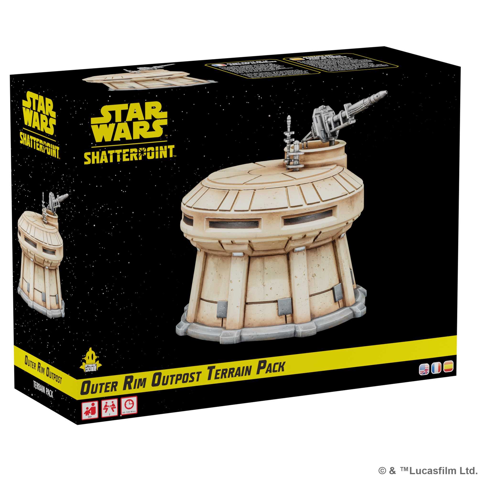 Star Wars Shatterpoint Outer Rim Outpost Terrain Pack box featuring a beige cylindrical outpost model with a cannon.