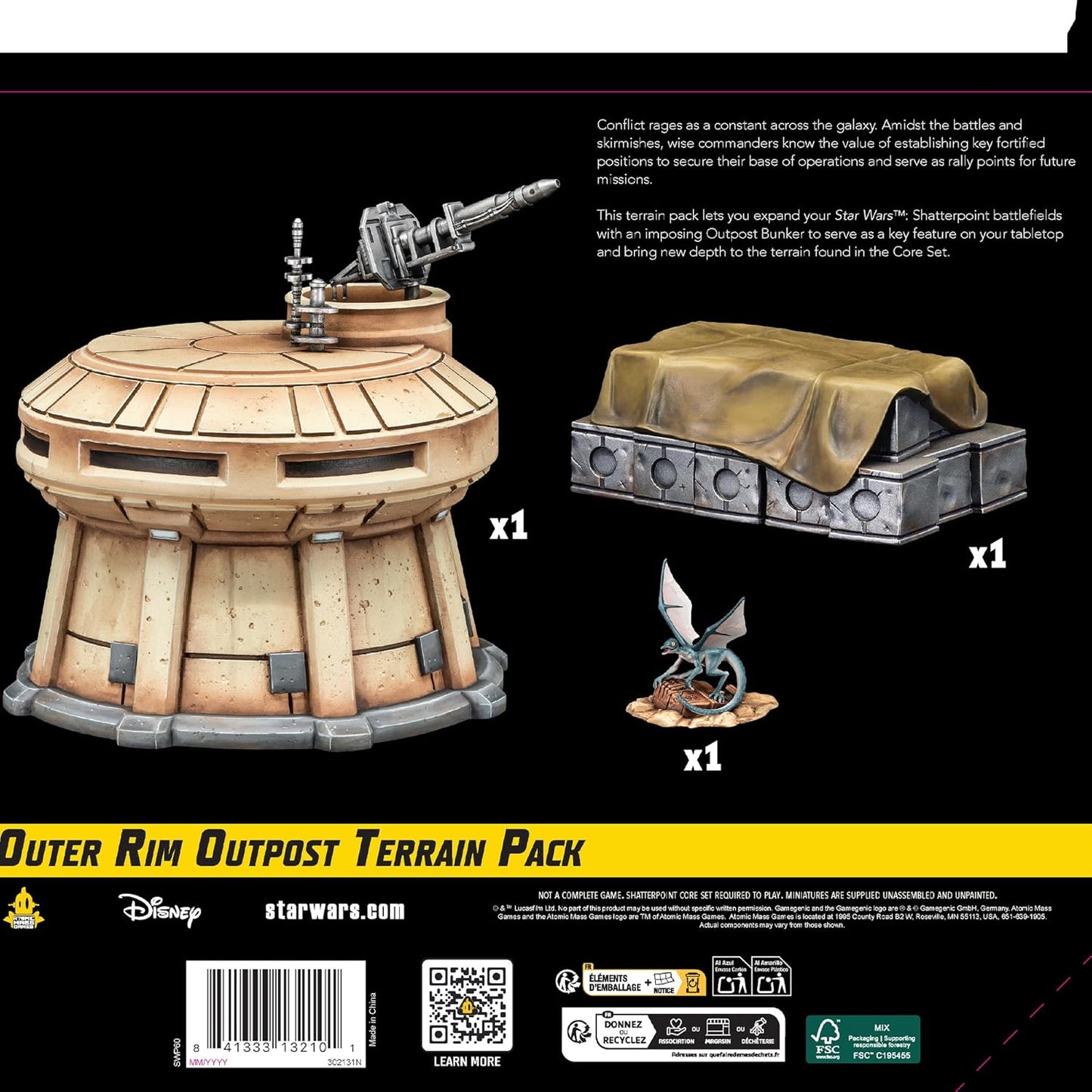 Star Wars Shatterpoint terrain pack: An imposing outpost bunker with turret, a camouflaged bunker, and a blue alien creature.