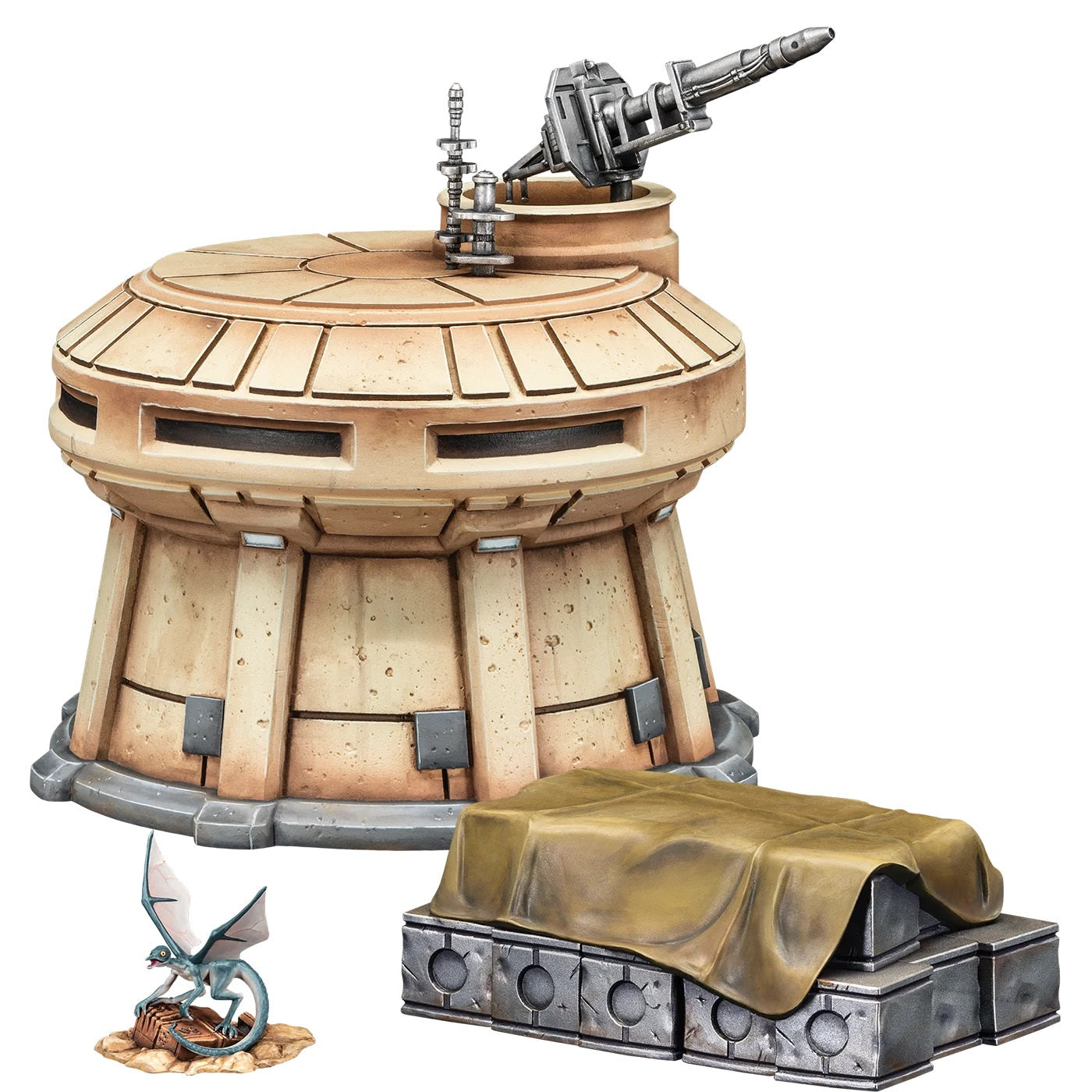 Miniature sci-fi desert tower with a laser cannon, a winged dragon, and a covered crate.