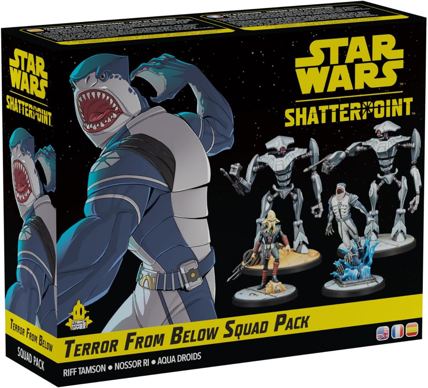 Star Wars Shatterpoint 'Terror From Below Squad Pack' box, with shark-like Riff Tamson illustration and various miniatures