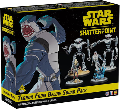 Star Wars Shatterpoint 'Terror From Below Squad Pack' box, with shark-like Riff Tamson illustration and various miniatures