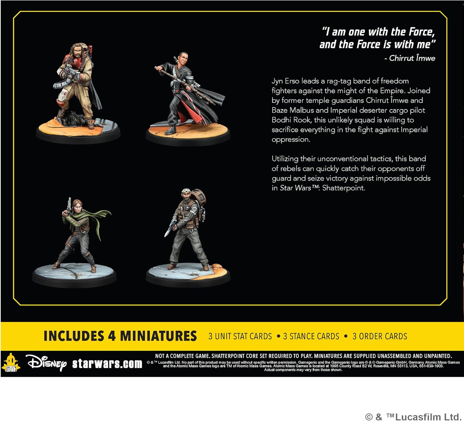Four painted Star Wars: Shatterpoint miniatures: Chirrut, Baze, Jyn Erso, and Bodhi Rook, posed for action.