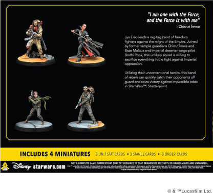 Four painted Star Wars: Shatterpoint miniatures: Chirrut, Baze, Jyn Erso, and Bodhi Rook, posed for action.