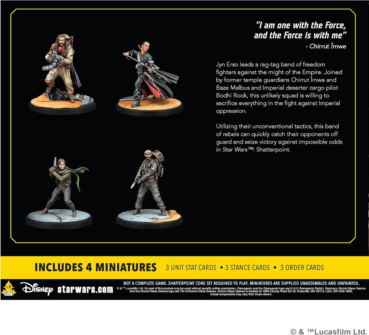 Four painted Star Wars: Shatterpoint miniatures: Chirrut, Baze, Jyn Erso, and Bodhi Rook, posed for action.