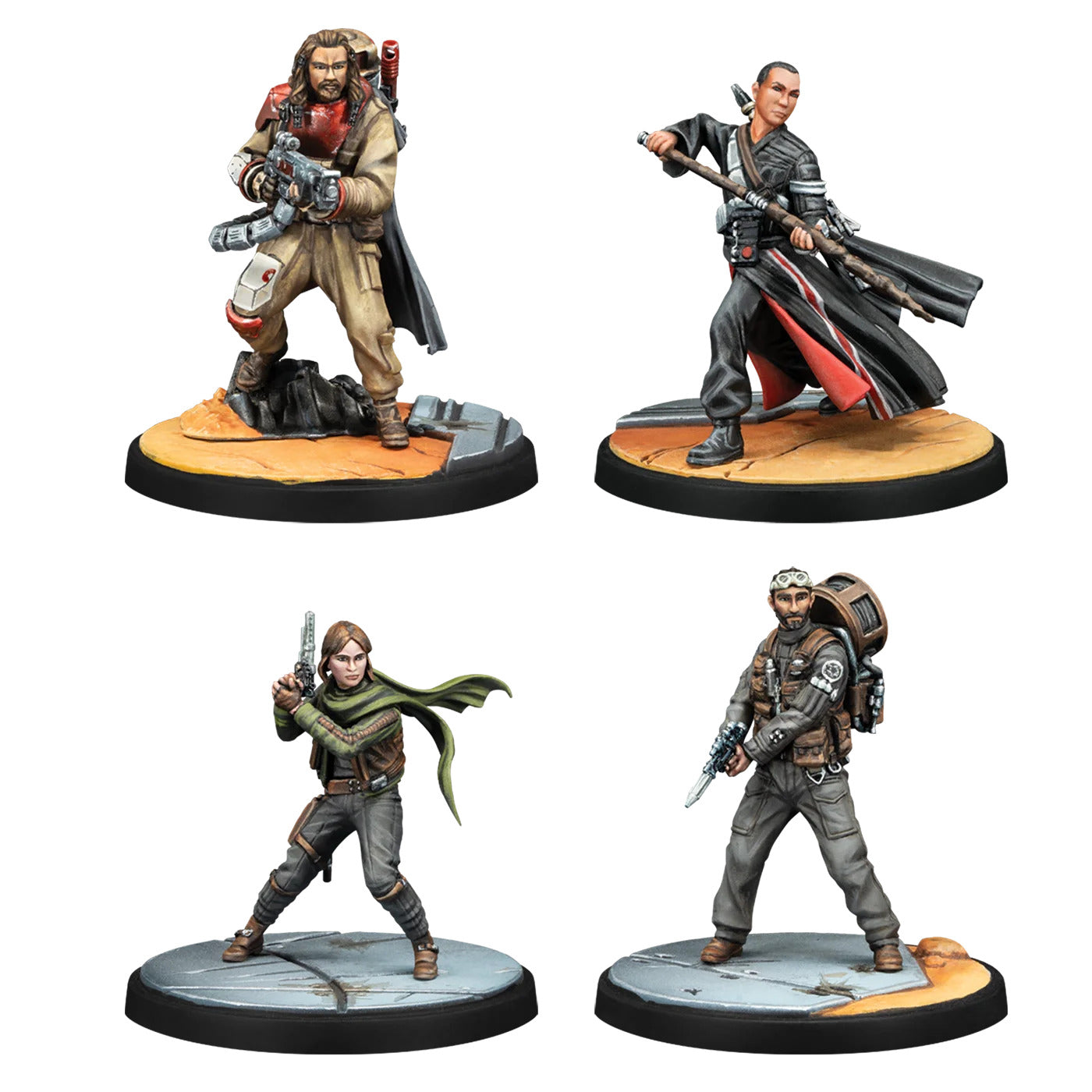 Four painted Star Wars character miniatures: a woman with a pistol, a man with a staff, and two men with rifles.