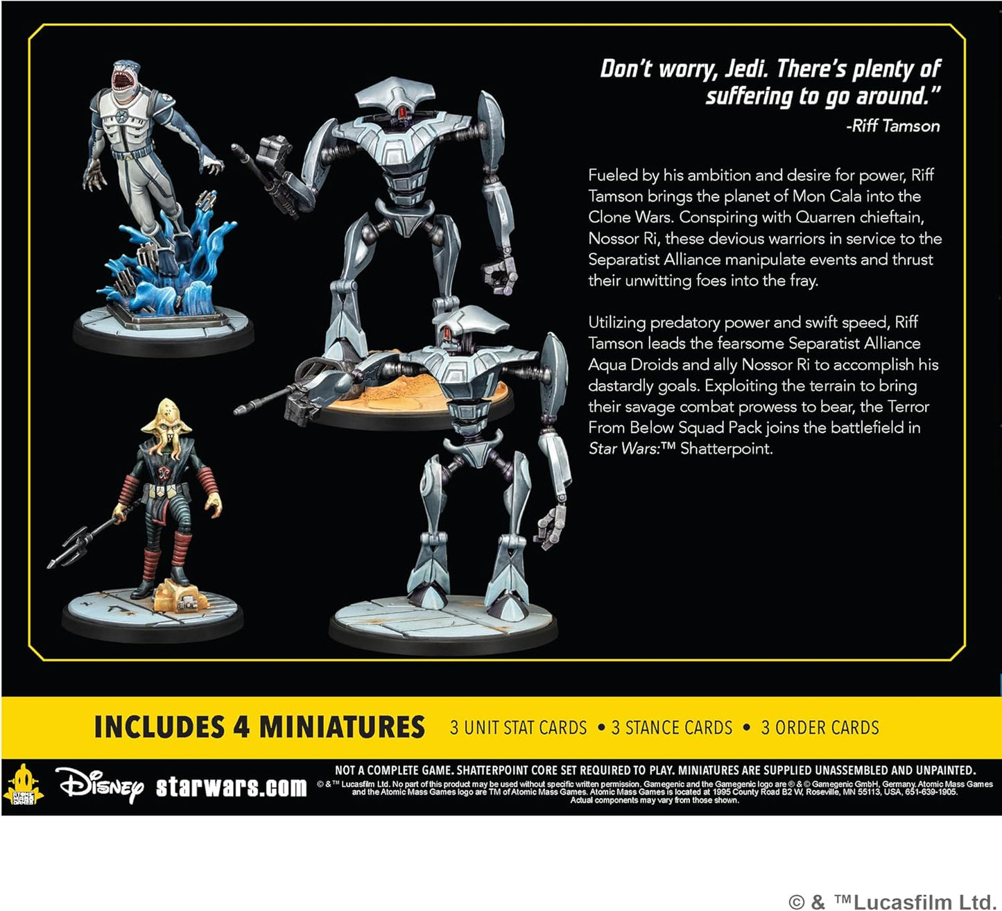 Four painted Star Wars: Shatterpoint miniatures: Riff Tamson, Nossor Ri, and two Aqua Droids