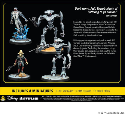 Four painted Star Wars: Shatterpoint miniatures: Riff Tamson, Nossor Ri, and two Aqua Droids