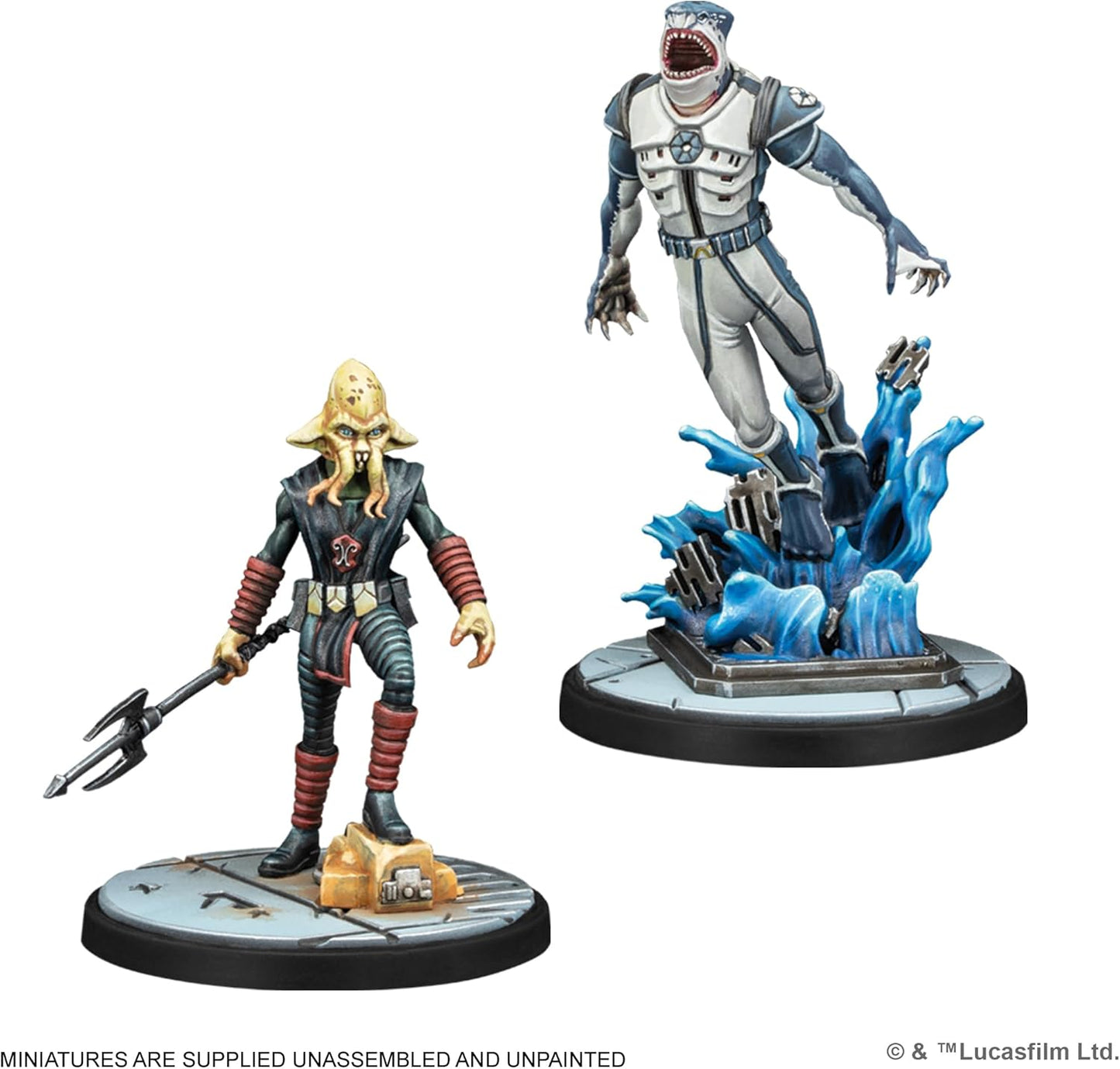 Painted miniatures: a tentacled alien holding a trident, and a humanoid shark in a suit leaping from blue water