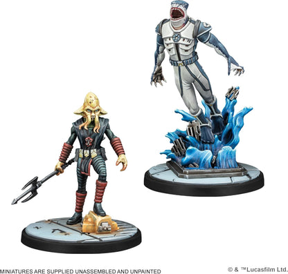 Painted miniatures: a tentacled alien holding a trident, and a humanoid shark in a suit leaping from blue water