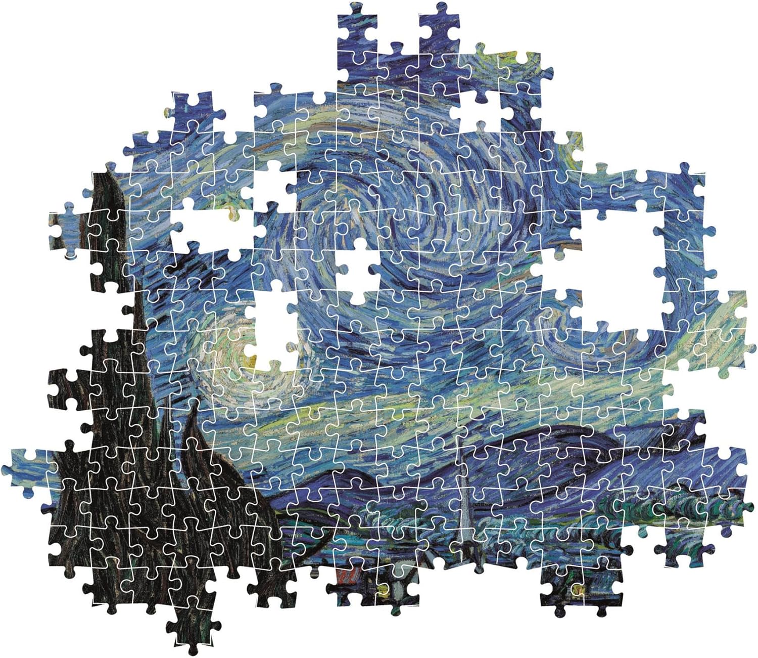 An incomplete jigsaw puzzle depicts Van Gogh's "The Starry Night" painting, with white gaps where pieces are missing