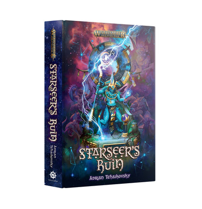 Warhammer: Starseer's Ruin novel cover art, featuring a Seraphon priest channeling lightning magic against a starry nebula