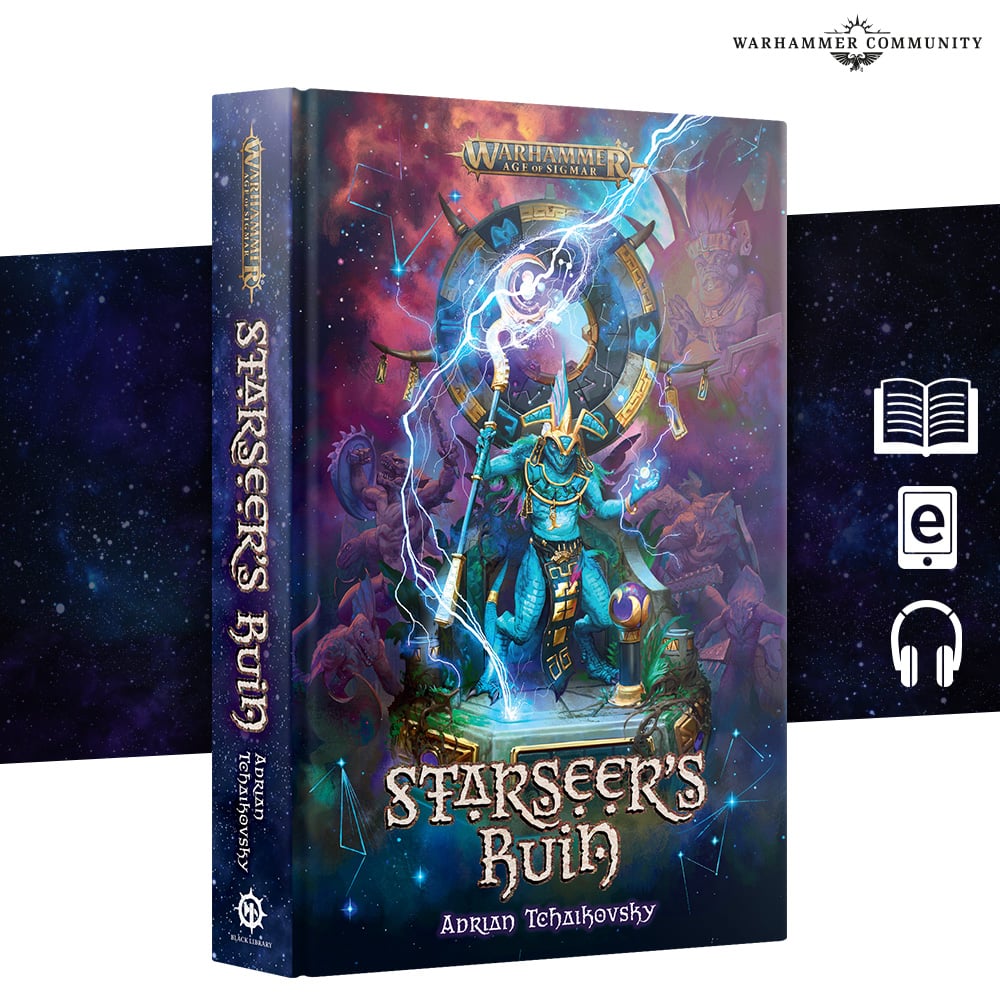 Starseer's Ruin book cover: Blue Seraphon figure channeling lightning with a staff against a dark, cosmic sky