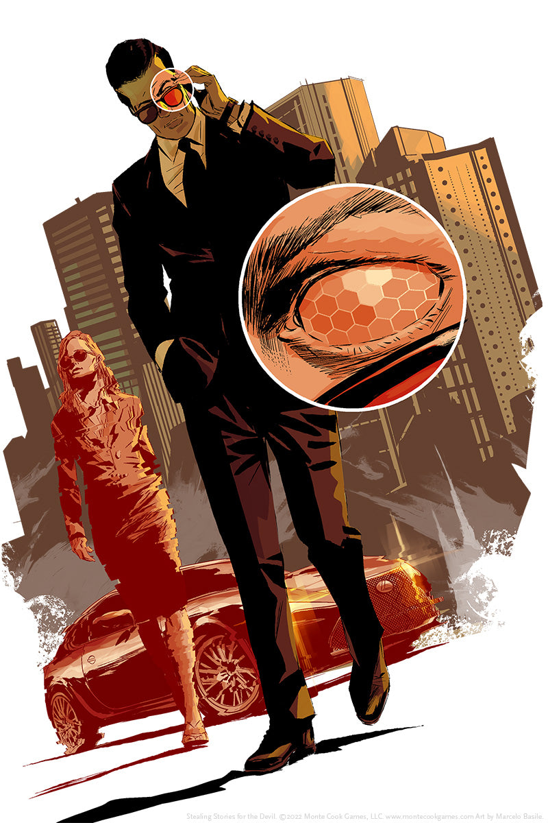 Illustration: A suited man holds a phone, his magnified eye showing a hexagonal pattern. A woman, car, and city buildings behind him