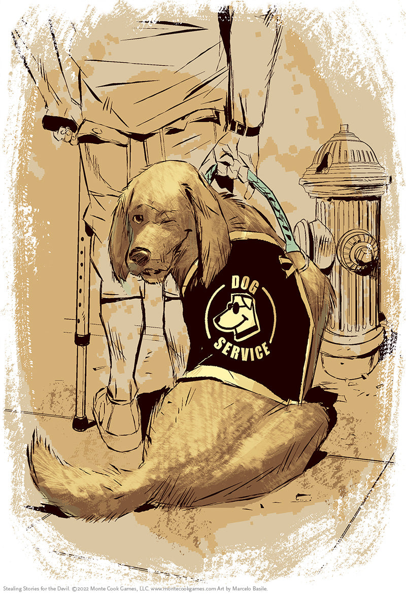 A golden service dog in a "Dog Service" vest winks, sitting beside a person using a crutch