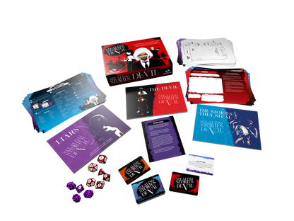 Complete Stealing Stories for the Devil RPG game set: box, rulebooks, character sheets, cards, and dice