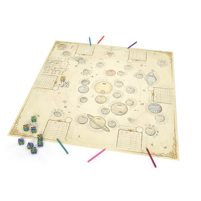 Stegegets board game board game showing planets orbiting Sol, with dice and pencils scattered nearby