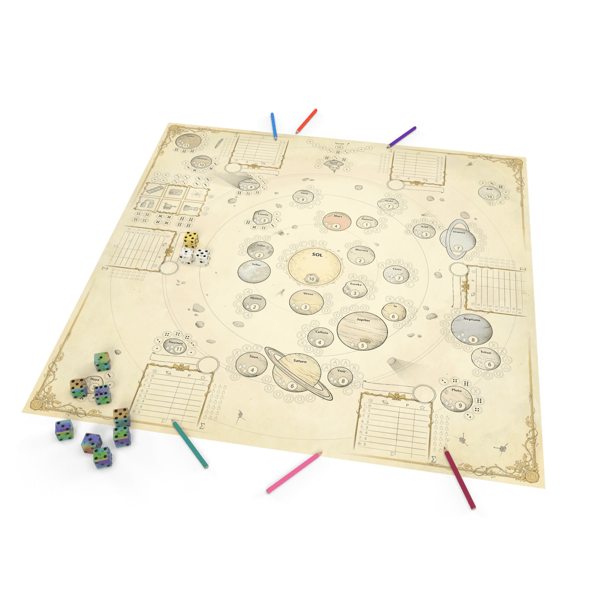 Stegegets board game board game showing planets orbiting Sol, with dice and pencils scattered nearby
