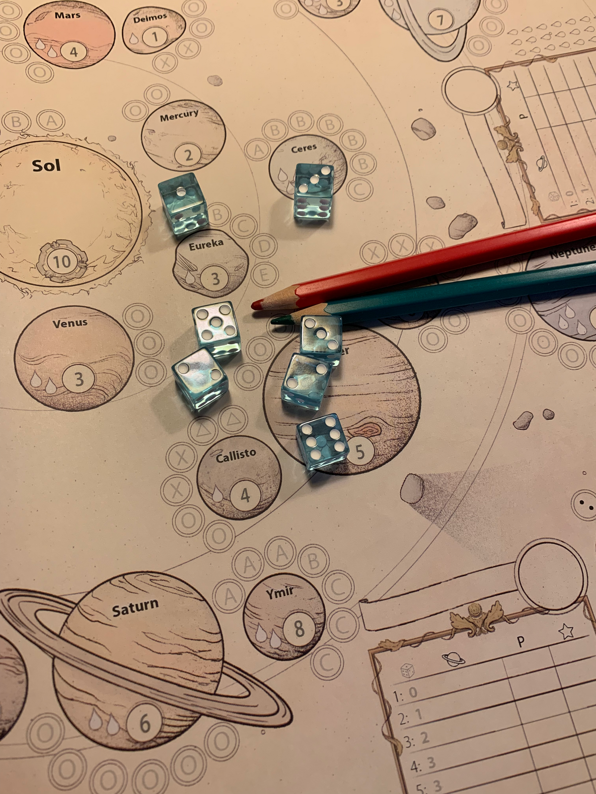 Stegegets board game map featuring planets, scattered light blue dice, and red and teal colored pencils