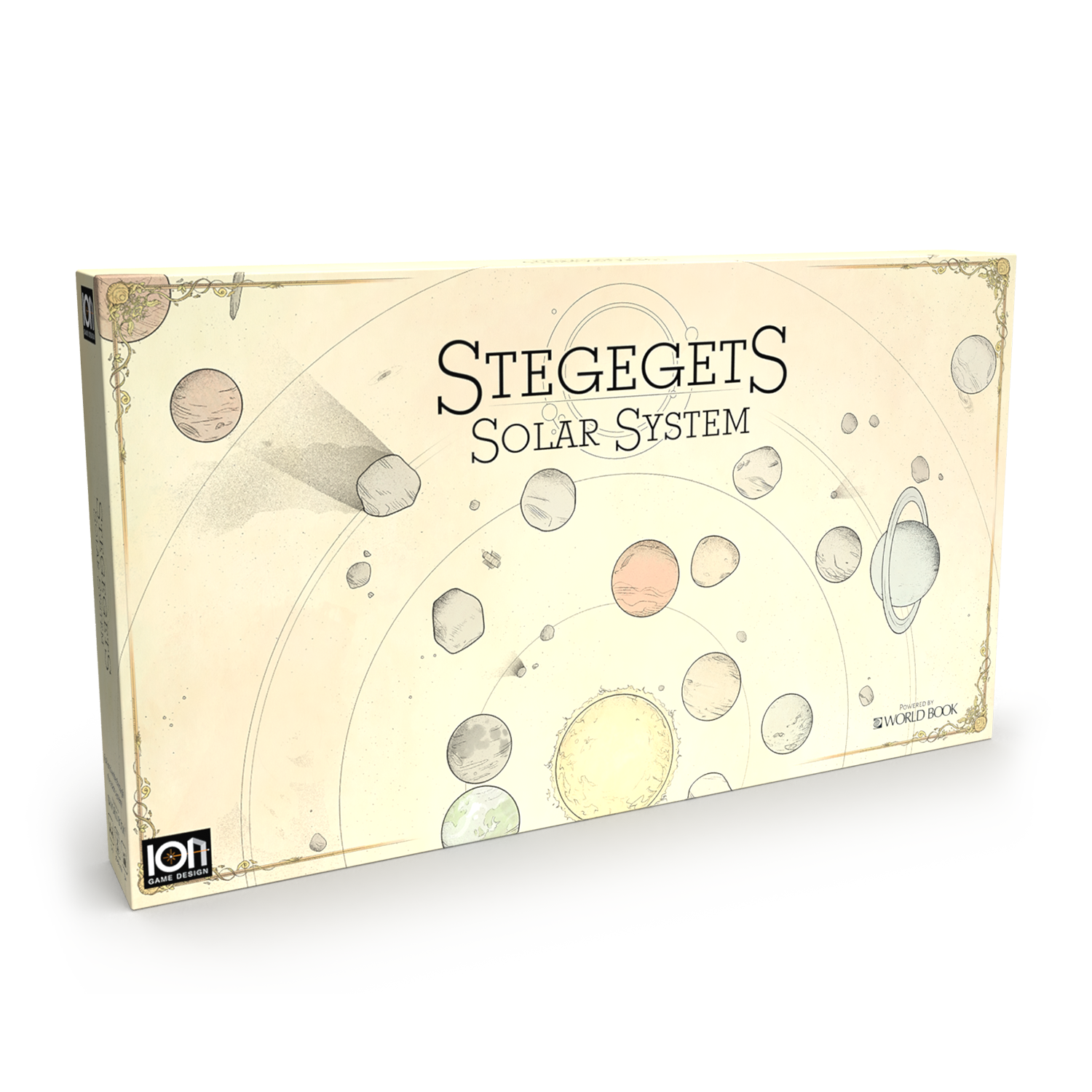 STEGEGETS Solar System, board game box illustrated with planets, a sun, and orbits