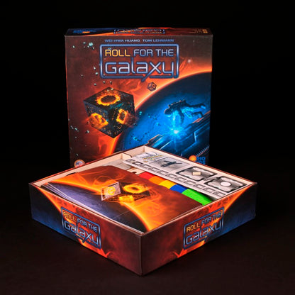 Laserox Inserts for Roll for the Galaxy, showing organized game components