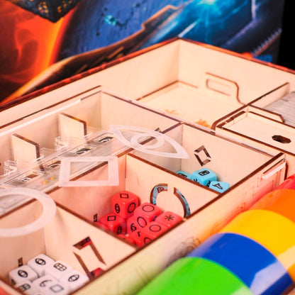 Laserox Inserts for Roll for the Galaxy, capturing close detail of organized game components