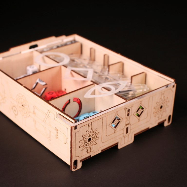 Laserox Inserts for Roll for the Galaxy, showing a wide view of the game insert layout