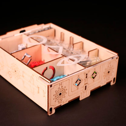 Laserox Inserts for Roll for the Galaxy, showing a wide view of the game insert layout