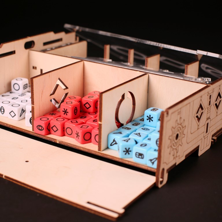 Laserox Inserts for Roll for the Galaxy, with various game pieces arranged inside tray