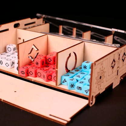 Laserox Inserts for Roll for the Galaxy, with various game pieces arranged inside tray